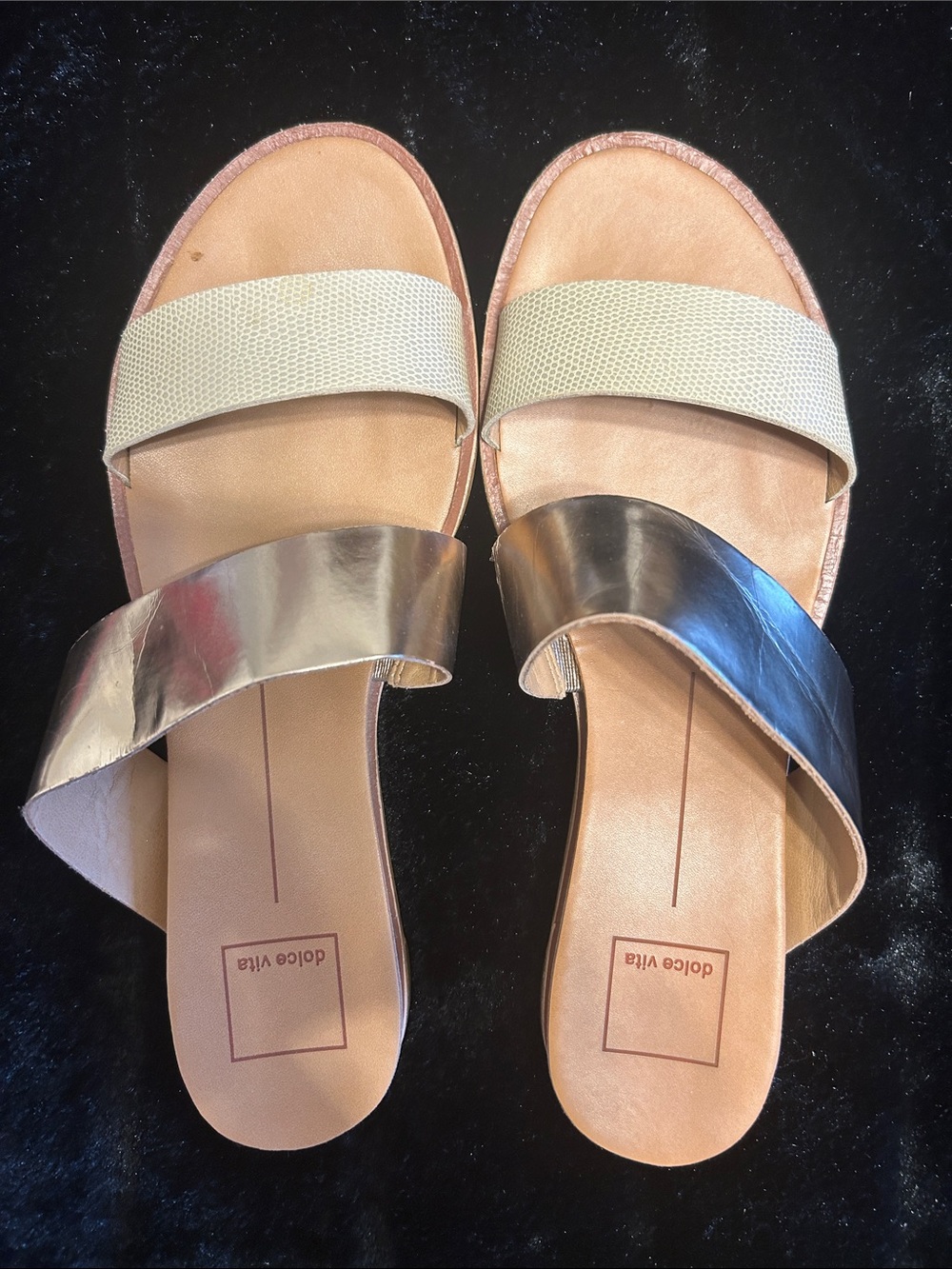 Dolce Vita Bone & Gold Metallic Double Strap Slide Paci Sandals